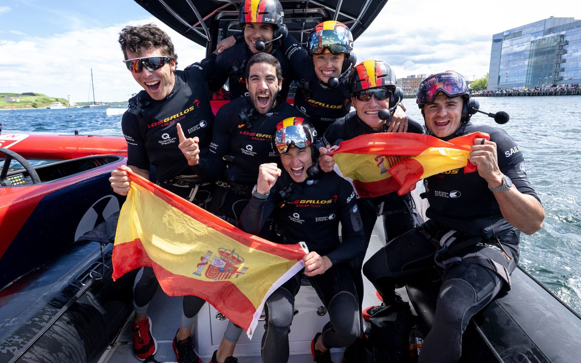 The triumphant Spanish Los Gallos team in SailGP's first-ever four-boat Podium Final.