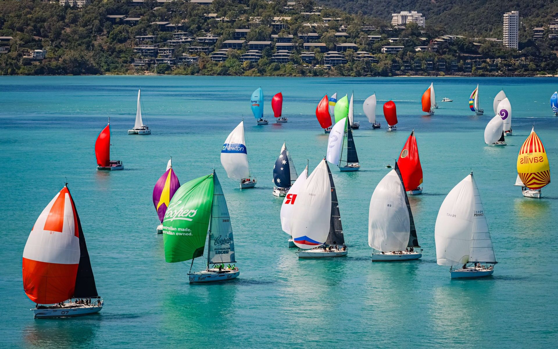 Yachts racing under colourful spinnakers during Hamilton Island Race Week in the Whitsundays.