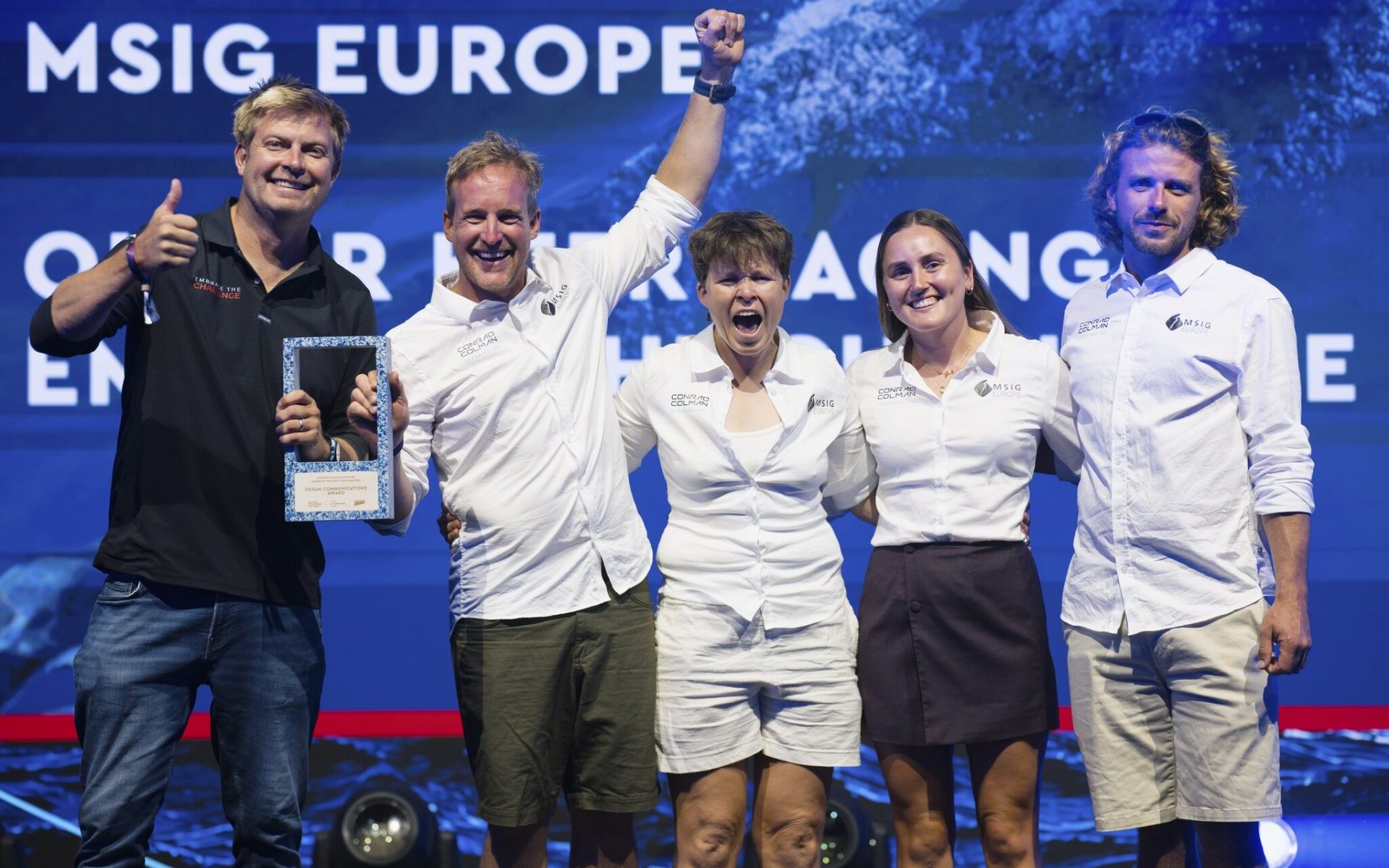 Members of the MSIG Europe team on stage with the Ocean Communications Award at The Ocean Race Atlantic.
